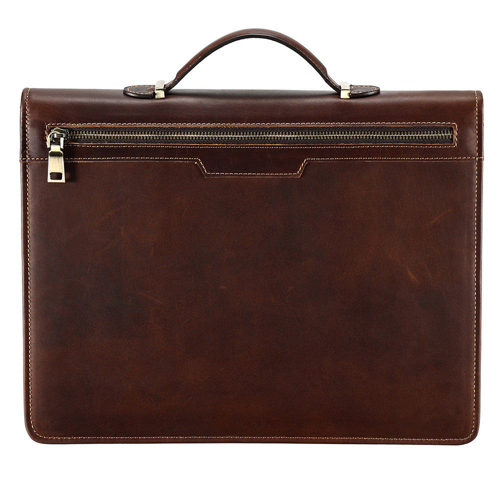 Brown leather briefcase with gold zipper on a white background