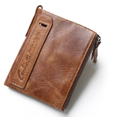 Brown leather wallet with visible brand name on a white background