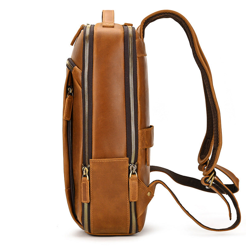 Double Zipper Main Bag Genuine Leather Travel Backpack - Large Capacity Crazy Horse Leather Outdoor Leisure Backpack - ArtOm_farm™ LEATHER 