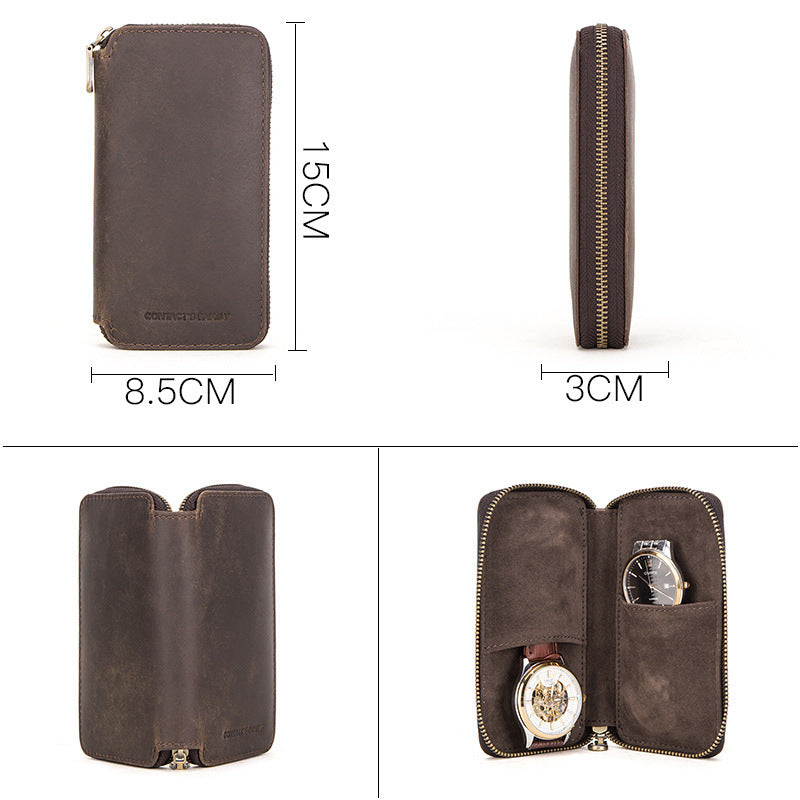 Vintage Leather Watch Box - Crazy Horse Leather Creative Zipper Design - ArtOm_farm™ LEATHER 