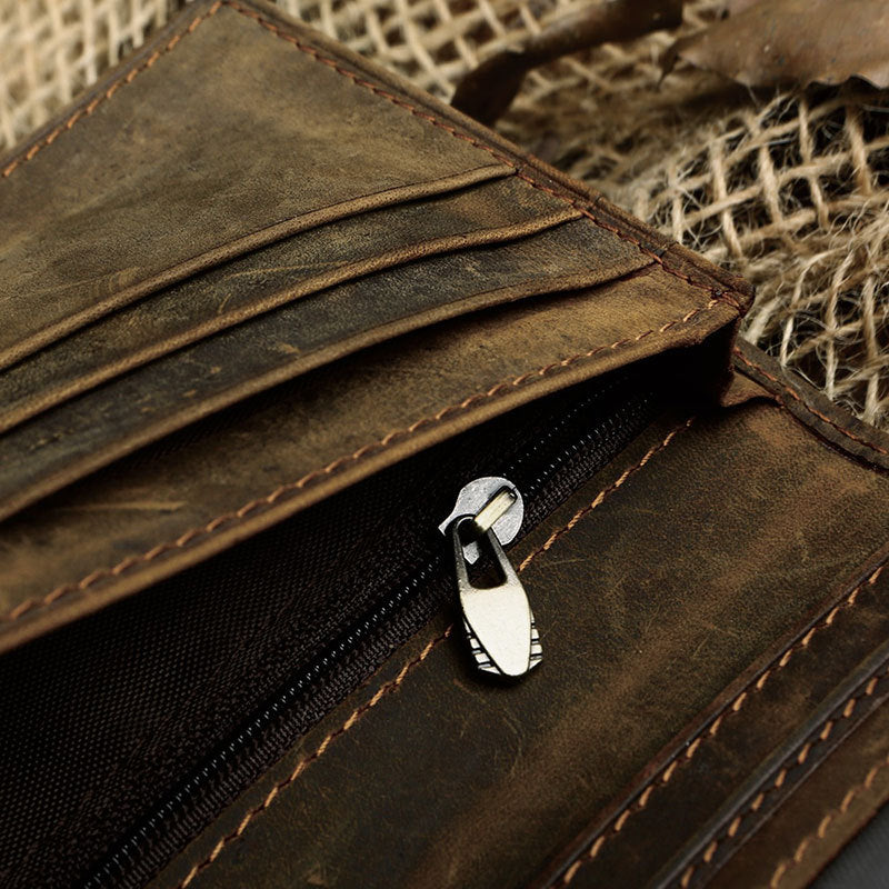 Men's Vintage Leather Wallet - Crazy Horse Leather Long Vertical Design - ArtOm_farm™ LEATHER 