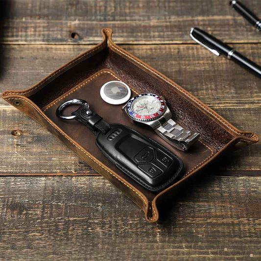 Retro Leather Decorative Tray - Stylish Crazy Horse Design for Elegant Home Decor