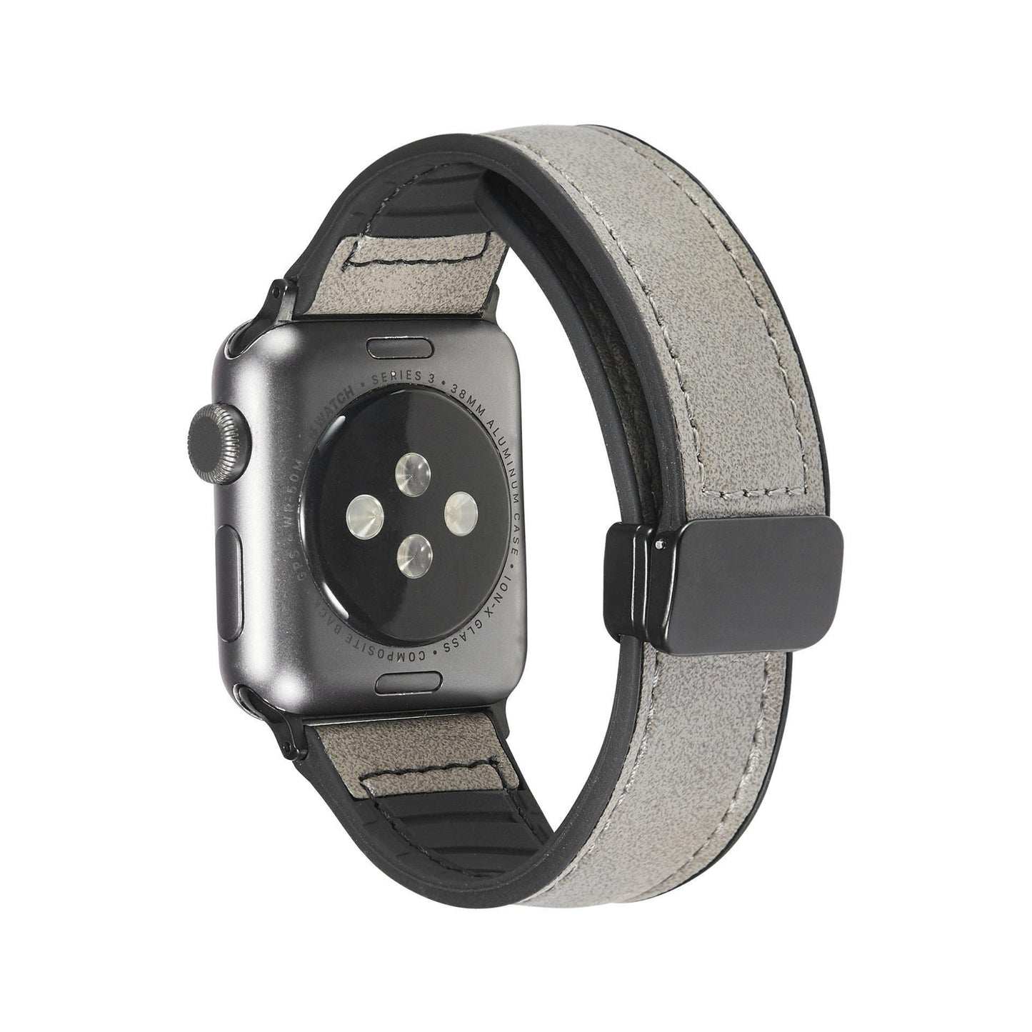 Smartwatch with a gray leather strap on a white background
