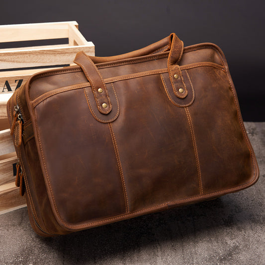Large Capacity Leather Briefcase for Men - Retro Crazy Horse Design - ArtOm_farm™ LEATHER