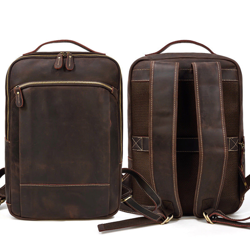 Double Zipper Main Bag Genuine Leather Travel Backpack - Large Capacity Crazy Horse Leather Outdoor Leisure Backpack - ArtOm_farm™ LEATHER 