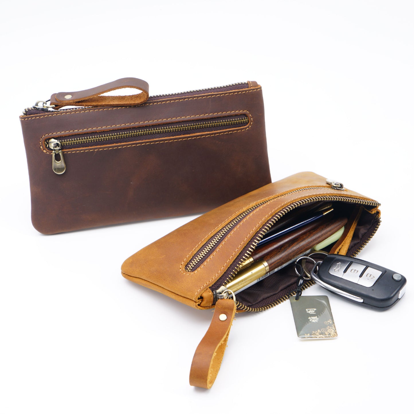 Retro Leather Zipped Pencil Bag - Crazy Horse Leather Creative Portable Hand Grip Buggy Bag - ArtOm_farm™ LEATHER 