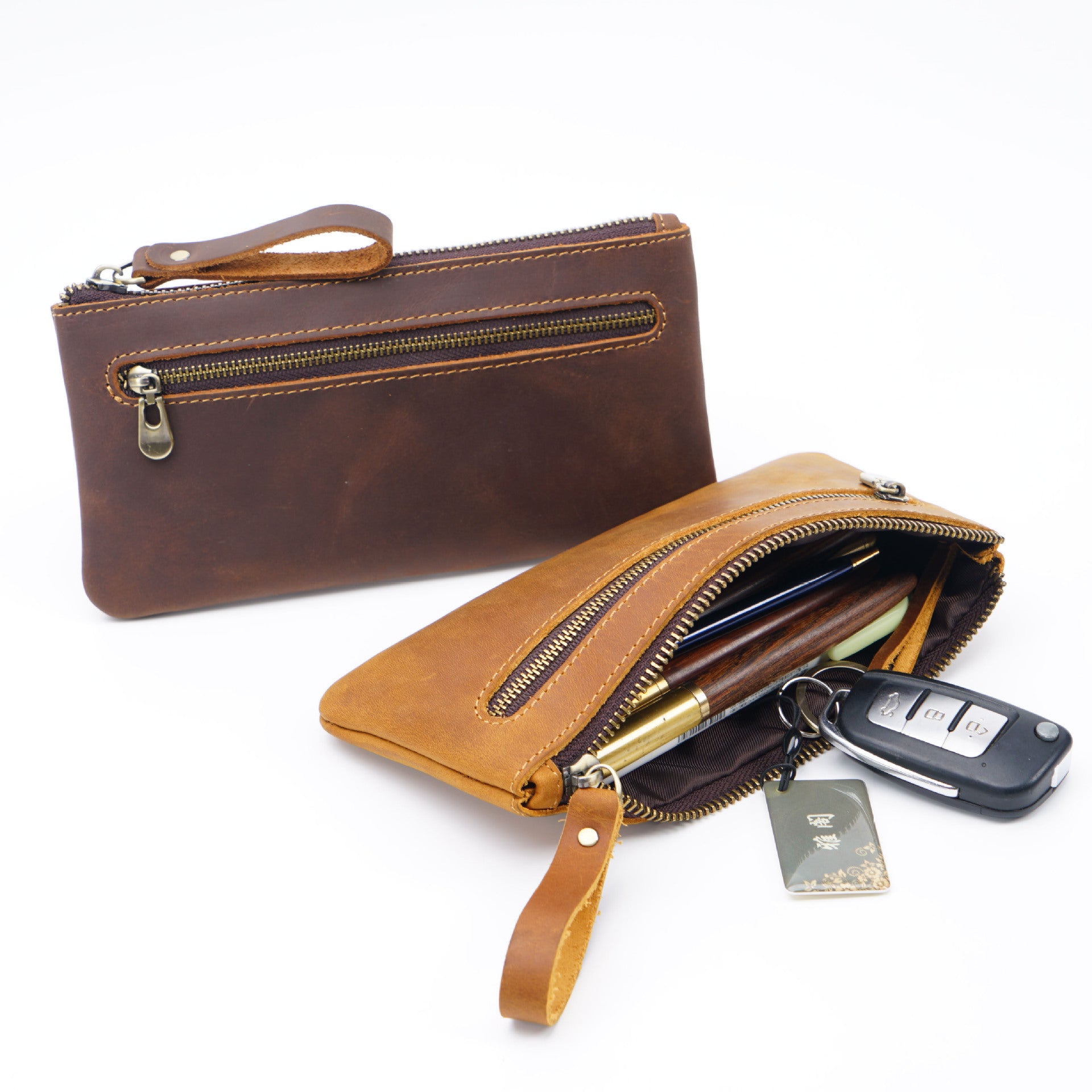 Retro Leather Zipped Pencil Bag - Crazy Horse Leather Creative Portable Hand Grip Buggy Bag - ArtOm_farm™ LEATHER 