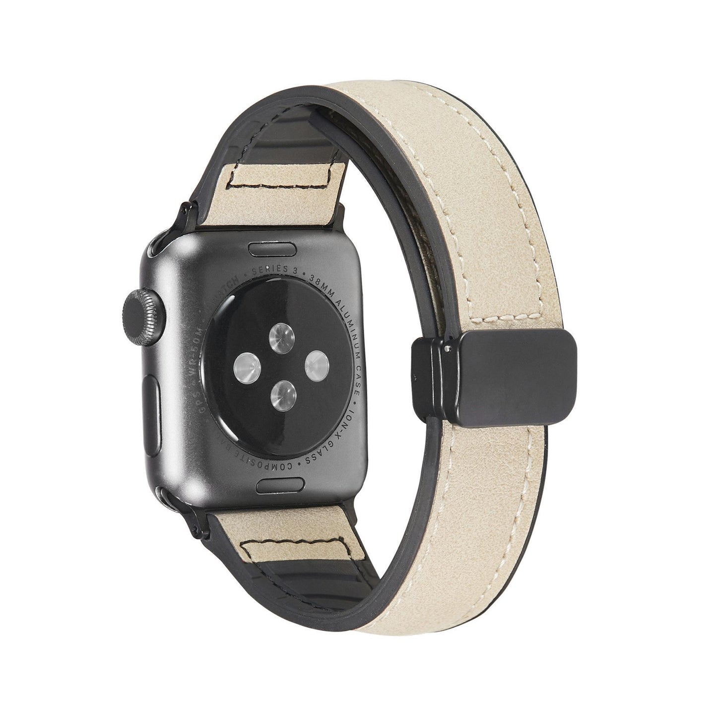 Smartwatch with beige leather strap on a white background