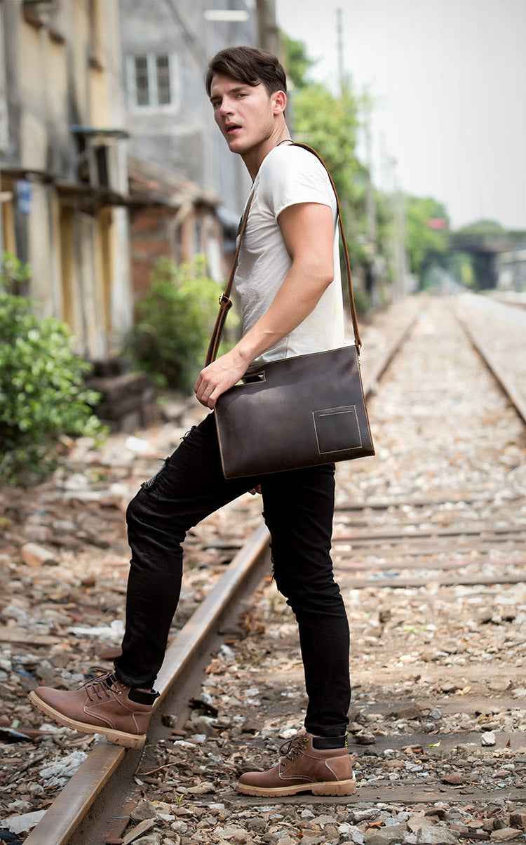 Casual Leather Handbag - One Shoulder Messenger Bag in Crazy Horse Finish