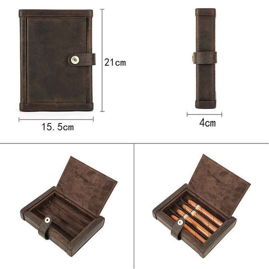 Vintage Leather Cigar Case for 4 Cigars - Crazy Horse Design