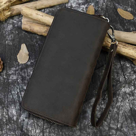 Men's Leather Zipper Wallet - Crazy Horse Leather Long Design