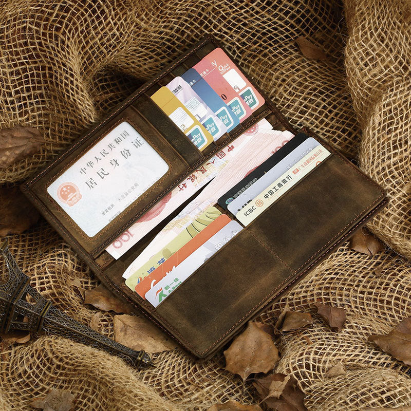 Men's Vintage Leather Wallet - Crazy Horse Leather Long Vertical Design - ArtOm_farm™ LEATHER 
