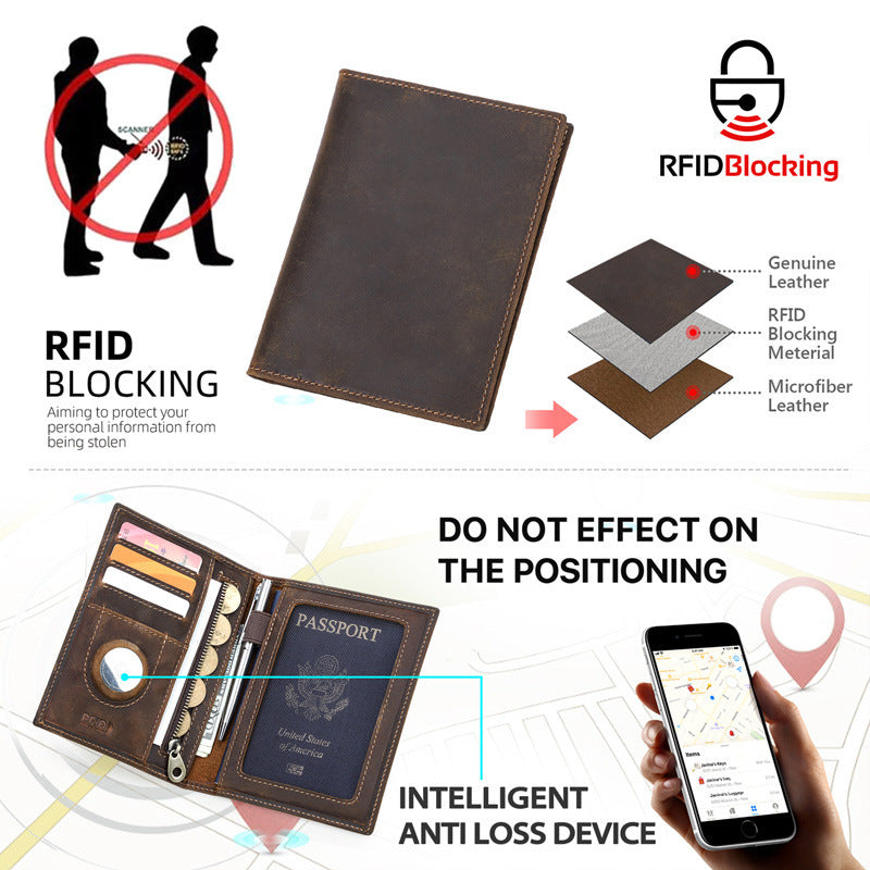 Brown leather wallet with RFID blocking feature, showing layers and a smartphone app for tracking.