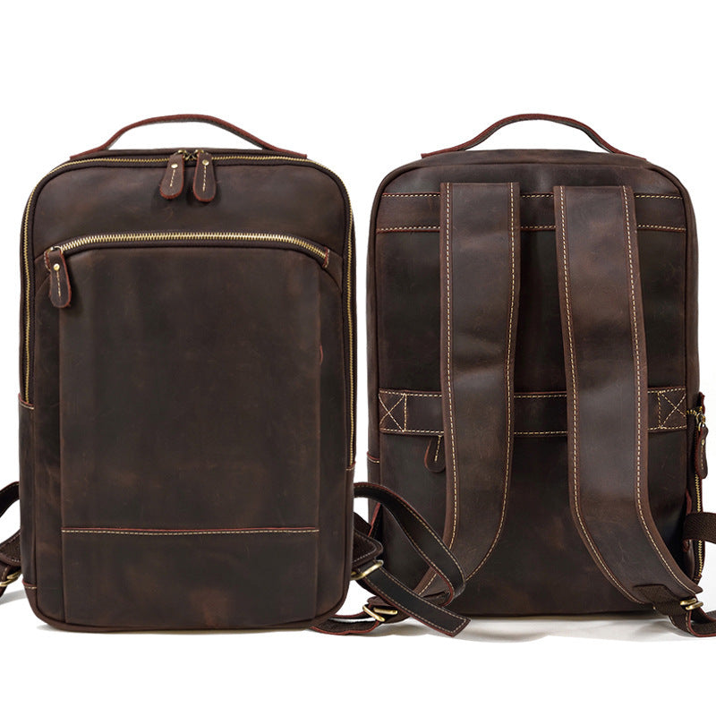Double Zipper Main Bag Genuine Leather Travel Backpack - Large Capacity Crazy Horse Leather Outdoor Leisure Backpack - ArtOm_farm™ LEATHER 