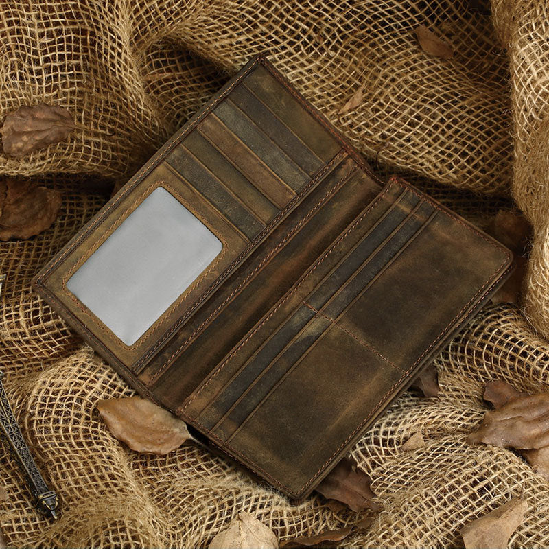 Men's Vintage Leather Wallet - Crazy Horse Leather Long Vertical Design - ArtOm_farm™ LEATHER 