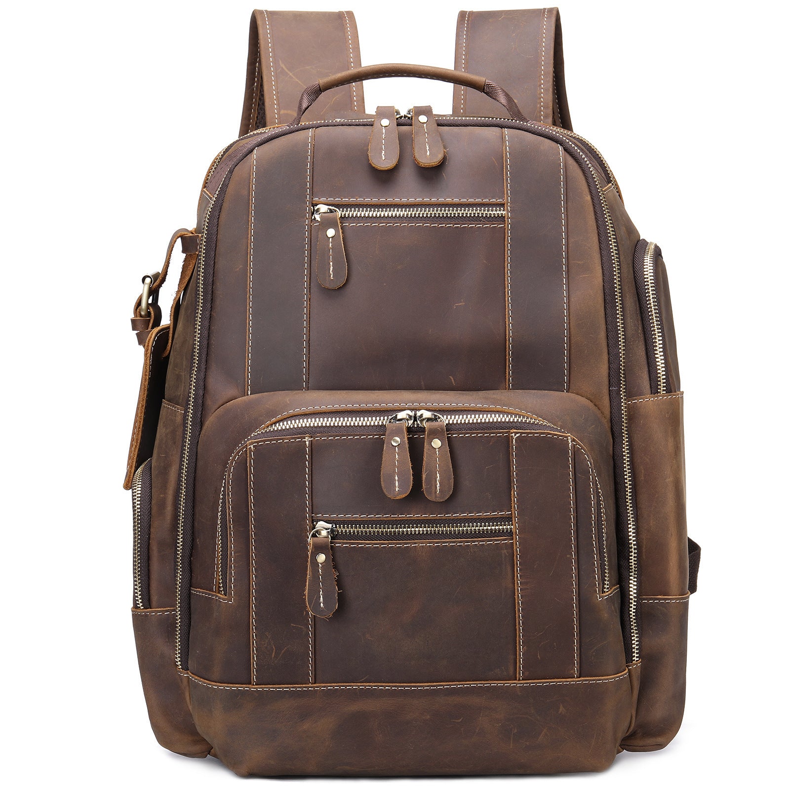 Brown leather backpack on a white background