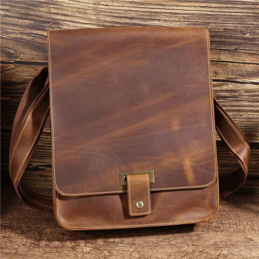Men's Retro Leather Messenger Bag in Genuine Crazy Horse Leather
