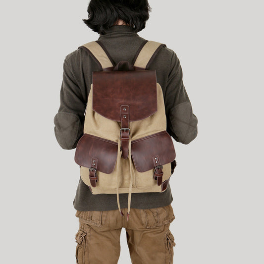 Canvas Leather Men's Backpack with Crazy Horse Leather Accents - ArtOm_farm™ LEATHER 
