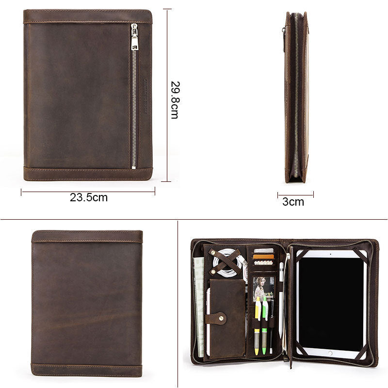 Brown leather portfolio with dimensions and open view showing contents