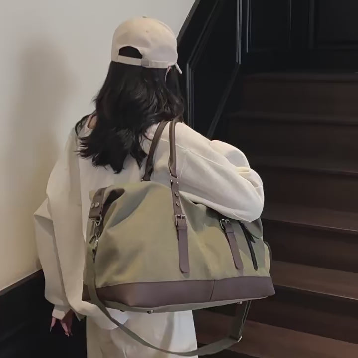 Canvas Leather Travel Messenger Bag - Large Capacity Crazy Horse Leather Casual Shoulder Bag for Traveling