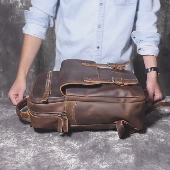 Retro Leather Backpack - Crazy Horse Leather Handmade Cowhide Schoolbags & Travel Bag


