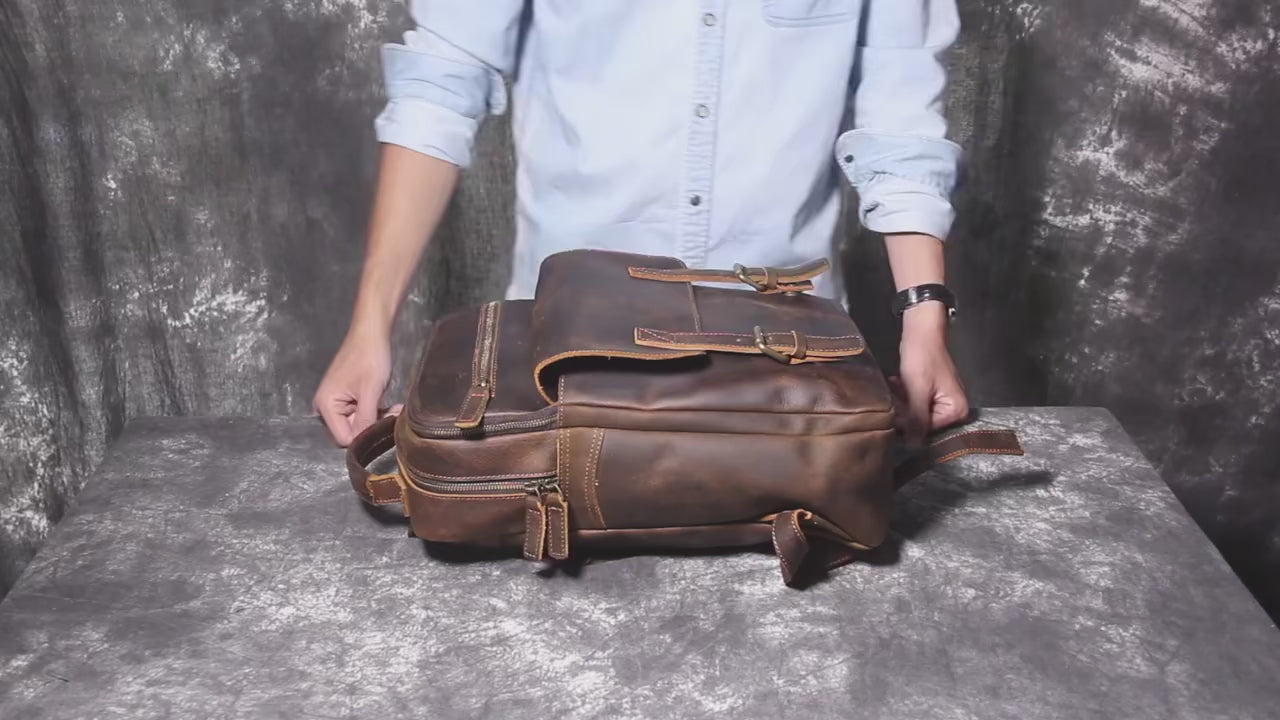 Retro Leather Backpack - Crazy Horse Leather Handmade Cowhide Schoolbags & Travel Bag

