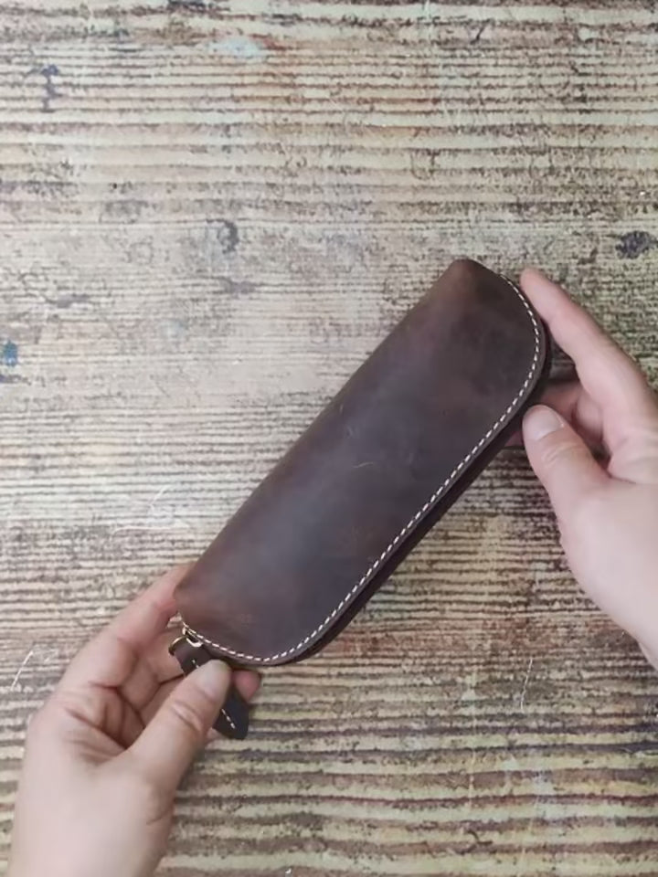 Crazy Horse Leather Handmade Pencil Case for Simple Storage

