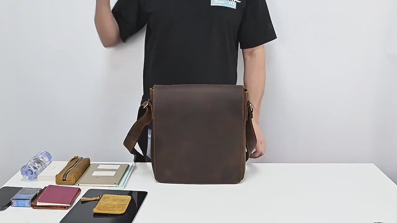 First Layer Cowhide Men's Leather Shoulder Bag - Crazy Horse Leather Crossbody Bag


