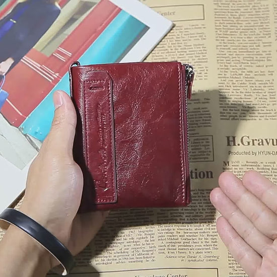 Black Leather Men's Wallet - Short Fashion Coin Purse, Crazy Horse Cowhide Double Zipper Wallet

