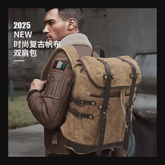 Retro Leather Hiking Backpack - Crazy Horse Leather Casual Canvas Oil Wax Design for Hiking

